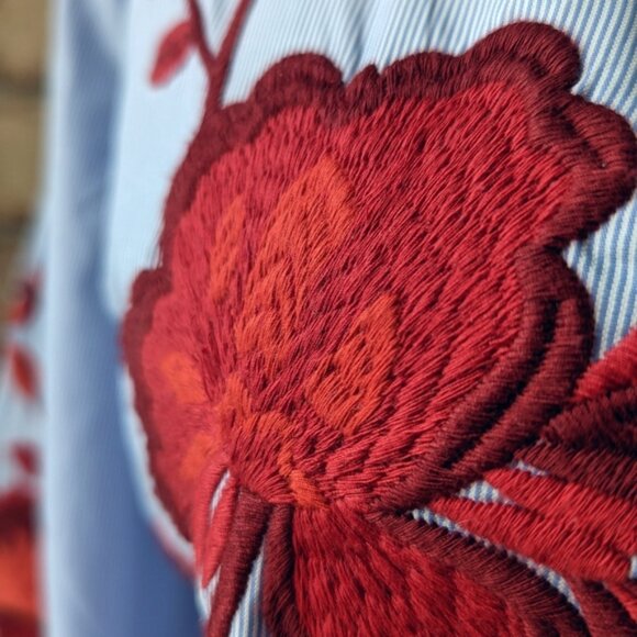 Embroidered floral tie waist vneck striped blouse - Picture 2 of 5